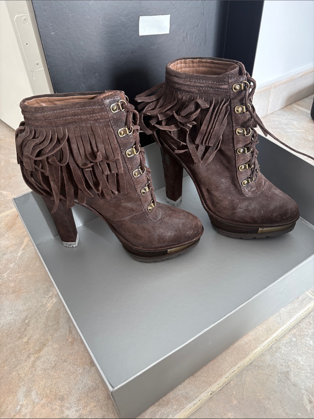 B Brian Atwood Brown Suede Fringe Lace-Up Ankle Boots